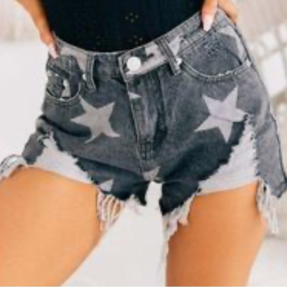 Blue Buttercup Black Faded white Star Highrise Rigid Raw Hem Cuff Jean Short (L)